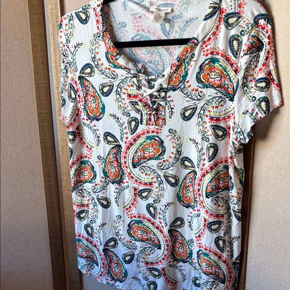 Westbound Multicolor Paisley Lace-Up neck Top petite large